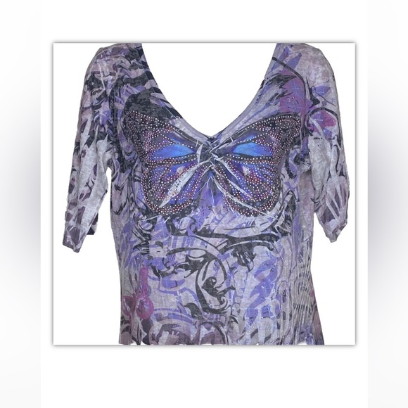 Apt. 9 Juniors Studded Butterfly Shirt Top M Multicolored 3/4 Sleeves V-Neck - Picture 2 of 9